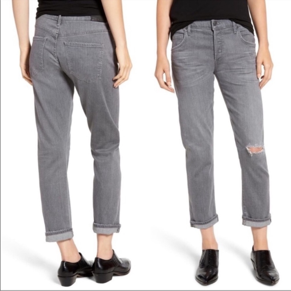 Citizens Of Humanity Gray Cropped Emerson Slim Boyfriend Jeans with Knee Rip